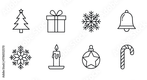 Black outline icons of christmas elements including a tree, gift box, snowflakes, bell, candle, ornament, and candy cane in a simple linear design.