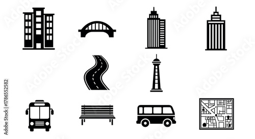 Black outline icons of various urban elements including buildings, a bridge, a road, a tower, a bus, a bench, a van, and a city map.