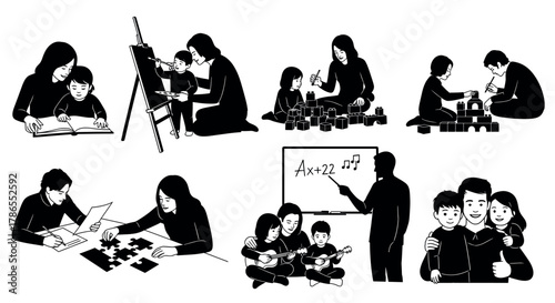 Diverse, multicultural family engaging in various educational and bonding activities indoors, including reading, painting, music, and puzzle-solving with children.