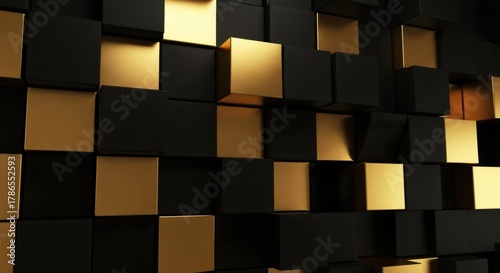 Fototapeta Naklejka Na Ścianę i Meble -  3D abstract background of black and gold cubes. Luxury geometric wall with a modern metallic pattern. Elegant and sophisticated wallpaper design
