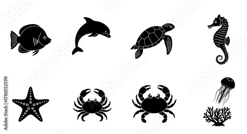 A collection of black silhouette sea creatures including a fish, dolphin, turtle, seahorse, starfish, crabs, jellyfish, and coral, arranged on a white background.