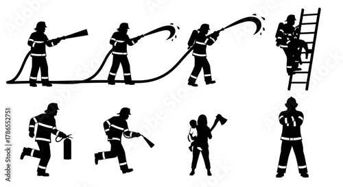 Black silhouette illustrations of firefighters performing various activities, including climbing a ladder, using hoses, extinguishing fires, and carrying an axe.