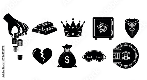 A collection of black silhouette icons representing a hand counting coins, gold bars, a royal crown, a secure vault, a medieval shield, a broken heart, a money bag, a sleep mask, and a circular lock.