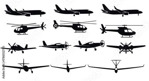 Black silhouette icons of various aircraft including passenger planes, helicopters, and light aircraft depicted from side and front views.
