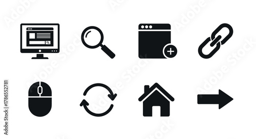 Set of eight black solid icons including a computer monitor, magnifying glass, browser window with plus sign, chain link, mouse, circular arrows, house, and arrow.