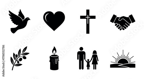 Eight black silhouette icons, including a dove, heart, cross, handshake, olive branch, candle, family, and sunrise, symbolizing peace, love, and unity.