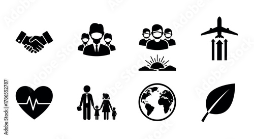 Black silhouette icons depicting teamwork, leadership, growth, travel, health, family, global awareness, and environmental sustainability.