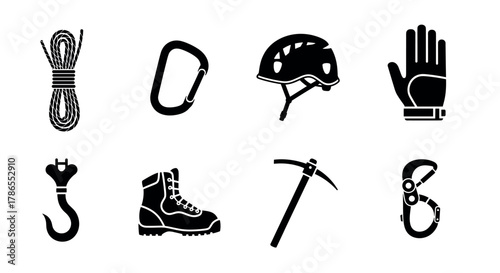 Silhouette icons of essential climbing gear including rope, carabiner, helmet, glove, hook, boot, ice axe, and belay device, arranged in two rows.