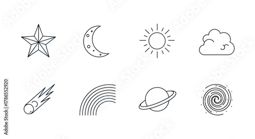 Eight minimalist line icons representing celestial elements: a star, crescent moon, sun, cloud, comet, rainbow, planet, and spiral galaxy.