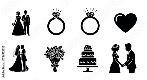 A series of black silhouette icons featuring a wedding couple, engagement rings, a heart, a kissing bride and groom, a floral bouquet, a tiered cake, and a couple holding hands.