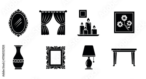 Black silhouette icons of various home decor items including a mirror, curtains, candles, flower picture, vase, picture frame, lamp, and table.