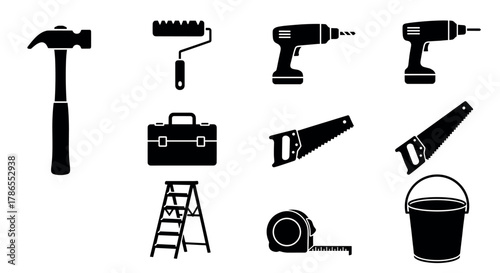 Black silhouette icons of essential construction tools, including a hammer, roller brush, drills, toolbox, saws, ladder, tape measure, and bucket.