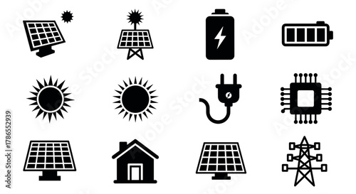 Set of twelve black silhouette icons representing solar panels, batteries, energy sources, and technology essentials for renewable energy concepts.