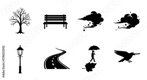 Black silhouette icons depicting a bare tree, park bench, swirling clouds, vintage street lamp, winding road, a person under an umbrella, and a flying bird.