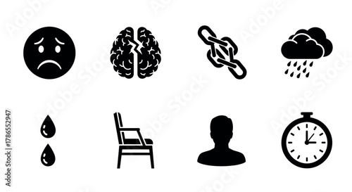 A set of eight black icons featuring a sad face, brain, broken chain, rainy cloud, teardrops, chair, silhouette of a person, and a stopwatch.