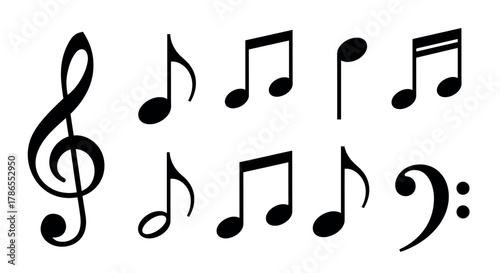 Collection of black music symbols including a treble clef, bass clef, and a variety of musical notes arranged in a grid format.