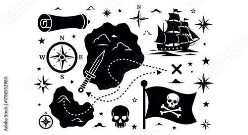 Black silhouette collage of pirate-themed elements including a map, ship, skull, compass, flag, and dagger, conveying adventure on the high seas.