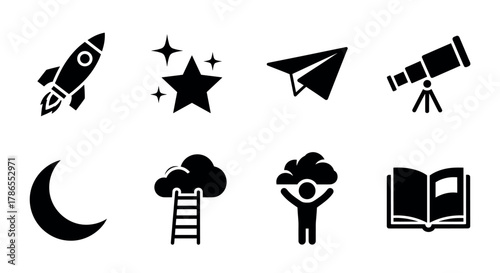 Set of eight black silhouette icons representing a rocket, stars, paper plane, telescope, crescent moon, ladder with cloud, person holding a cloud, and an open book.