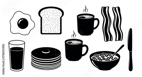 Black and white icons of breakfast items including an egg, toast, bacon, pancakes, cereal, coffee, juice, knife, and spoon, conveying a morning meal theme.