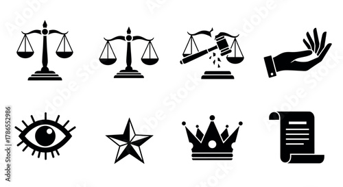 Black silhouette icons featuring justice scales, a gavel, a hand, eye, star, crown, and a scroll, representing legal and authority themes.