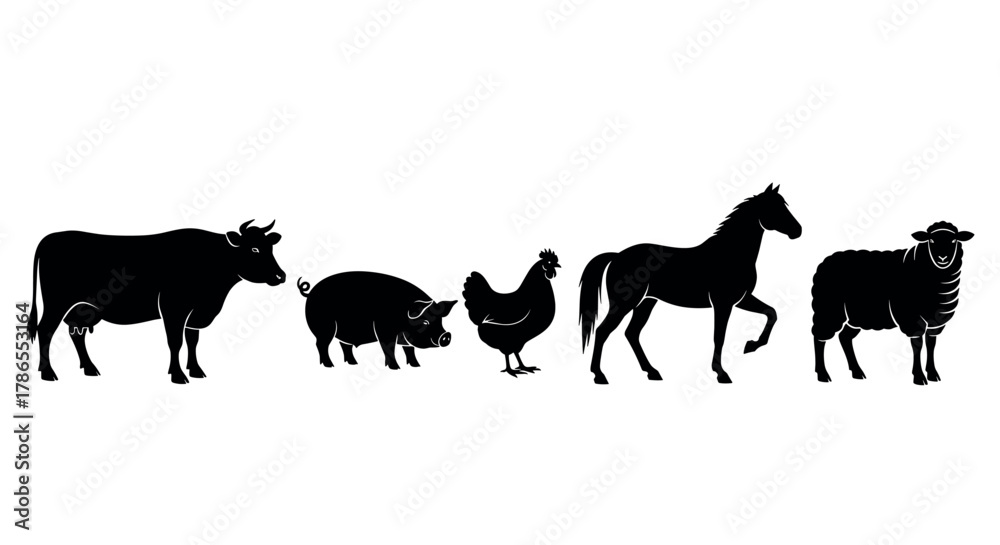 Obraz premium Silhouettes of farm animals including a cow, pig, chicken, horse, and sheep standing side by side, displaying various recognizable postures.