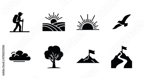 Eight black silhouette icons representing outdoor and nature themes, including a hiker, sunrise, sunset, bird, cloud, tree, mountain, and flag on a peak.