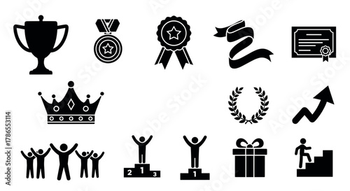 Black silhouette icons of trophy, medals, award ribbons, certificate, crown, laurel wreath, and people celebrating achievements.