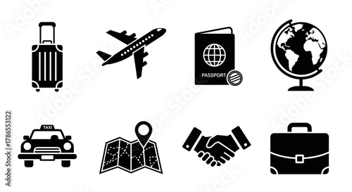 Black silhouette icons depicting a suitcase, airplane, passport, globe, taxi, map with location pin, handshake, and briefcase, representing travel and business themes.