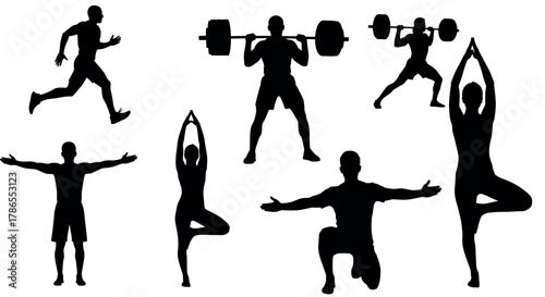 Silhouettes of diverse athletes engaging in various exercises, including running, weightlifting, and yoga poses.
