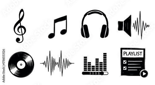 Black and white icons representing musical elements, including a treble clef, notes, headphones, speaker, sound waves, vinyl record, equalizer, and a playlist.