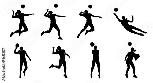 Black silhouettes of athletes in dynamic volleyball action poses, showcasing a variety of impressive techniques and movements on a white background.