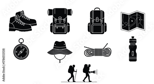 Silhouette icons of outdoor hiking essentials including boots, backpacks, a compass, map, and more gear for trekking and exploration.