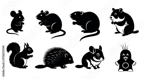 Black silhouette illustrations of eight small mammals including mice, hamsters, squirrels, and a mole in various poses, showcasing diverse rodent species.