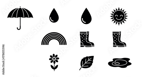 Black outline icons of weather-related objects including an umbrella, raindrops, sun, rainbow, boots, flower, leaf, and puddle, all in a minimal linear style.