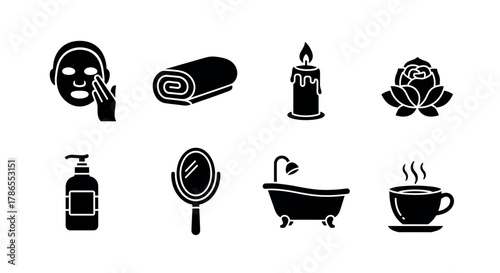 Black silhouette icons of skincare, towel, candle, lotus, soap dispenser, handheld mirror, bathtub, and steaming cup, representing relaxation and spa concepts.