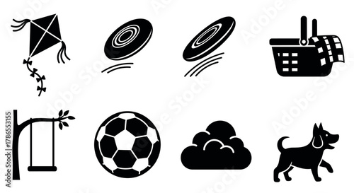 Black silhouette icons of a kite, two frisbees, picnic basket, tree swing, soccer ball, cloud, and dog, representing various outdoor activities and objects.