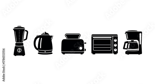 Black silhouette icons of kitchen appliances including a blender, electric kettle, toaster, oven, and coffee maker on a plain background.