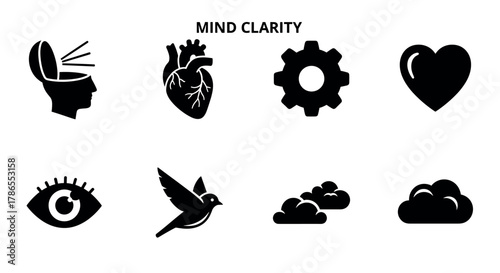 A collection of eight black silhouette icons, including a human head with rays, anatomical heart, gear, heart, eye, bird, cloud with sun, and cloud.
