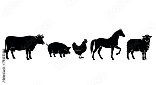 Silhouettes of farm animals including a cow, pig, chicken, horse, and sheep standing side by side, displaying various recognizable postures.