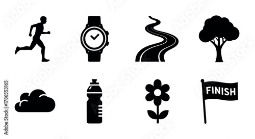 Set of eight black silhouette icons representing a runner, wristwatch, winding road, tree, cloud, water bottle, flower, and a finish flag.