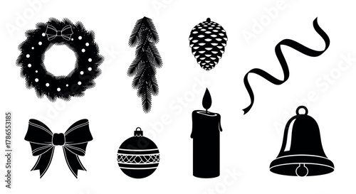 Black silhouette icons of holiday decorations including a wreath, pine branches, a pine cone, a ribbon, a bow, a candle, a bell, and a bauble.