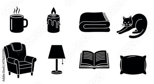 Black silhouette icons of a steaming mug, melting candle, folded blanket, stretching cat, armchair, table lamp, open book, and pillow.