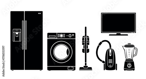 Black silhouette icons of common household appliances including a refrigerator, washing machine, vacuum cleaner, television, and blender.