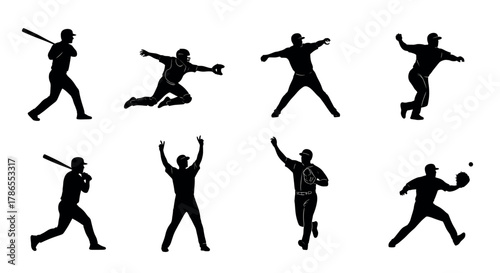 Silhouette illustrations of male baseball players in various action poses, including batting, catching, pitching, and celebrating.