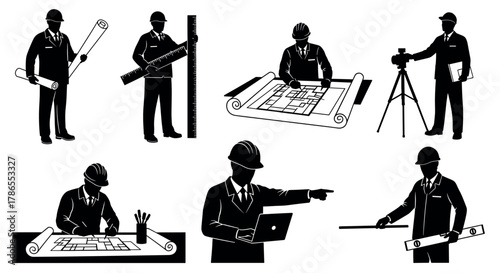 Silhouetted figures of male architects and engineers engaged in various activities like drafting, measuring, using a laptop, and surveying equipment.