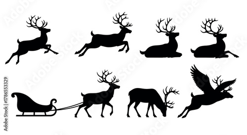 Black silhouette illustrations of reindeer in various poses, including running, resting, and pulling a sleigh, with one reindeer depicted with wings.