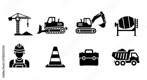 Black silhouette icons depicting various construction elements, including a crane, bulldozer, excavator, concrete mixer, worker, traffic cone, toolbox, and dump truck.