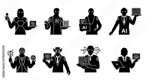 Set of black silhouette icons depicting various humanoid robots, each holding different technological devices, symbolizing artificial intelligence and technology integration.