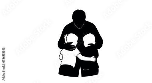 Silhouette of an adult male hugging two children from behind, depicting a familial bond and affection.
