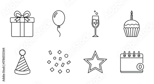 Simple black outline icons of a gift box, balloon, champagne glass, cupcake with candle, party hat, confetti, star, and calendar depicting celebration themes.